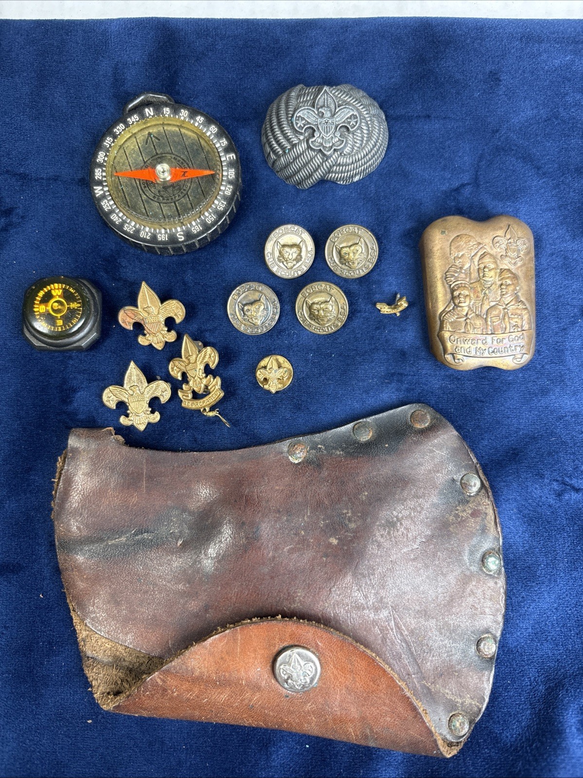 Boy Scouts Of America BSA Lot Pins Bobcat Badges Bronze Slide Compass Sheath VTG