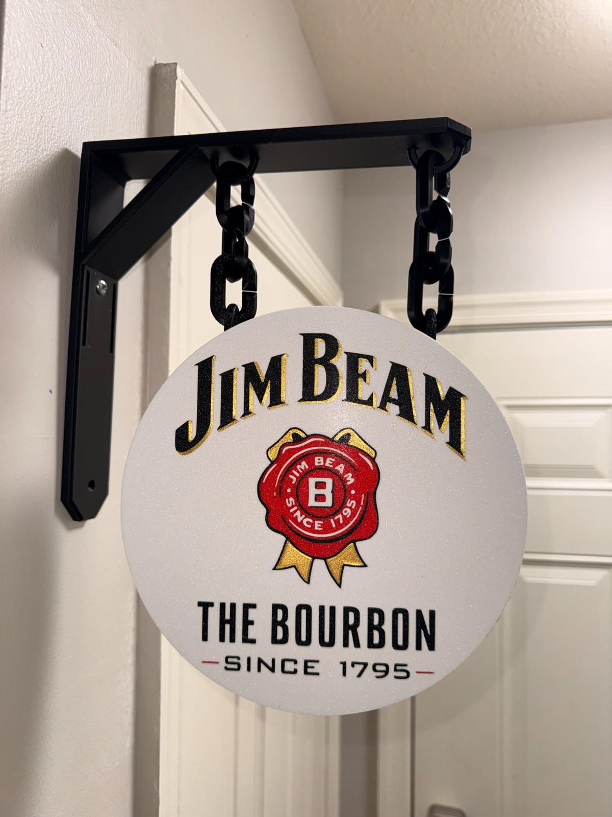 Jim Beam Bourbon 9” Double-Sided Hanging Pub Sign with Wall Mount Bracket Jim Beam Bourbon 9” Double-Sided Hanging Pub Sign with Wall Mount Bracket