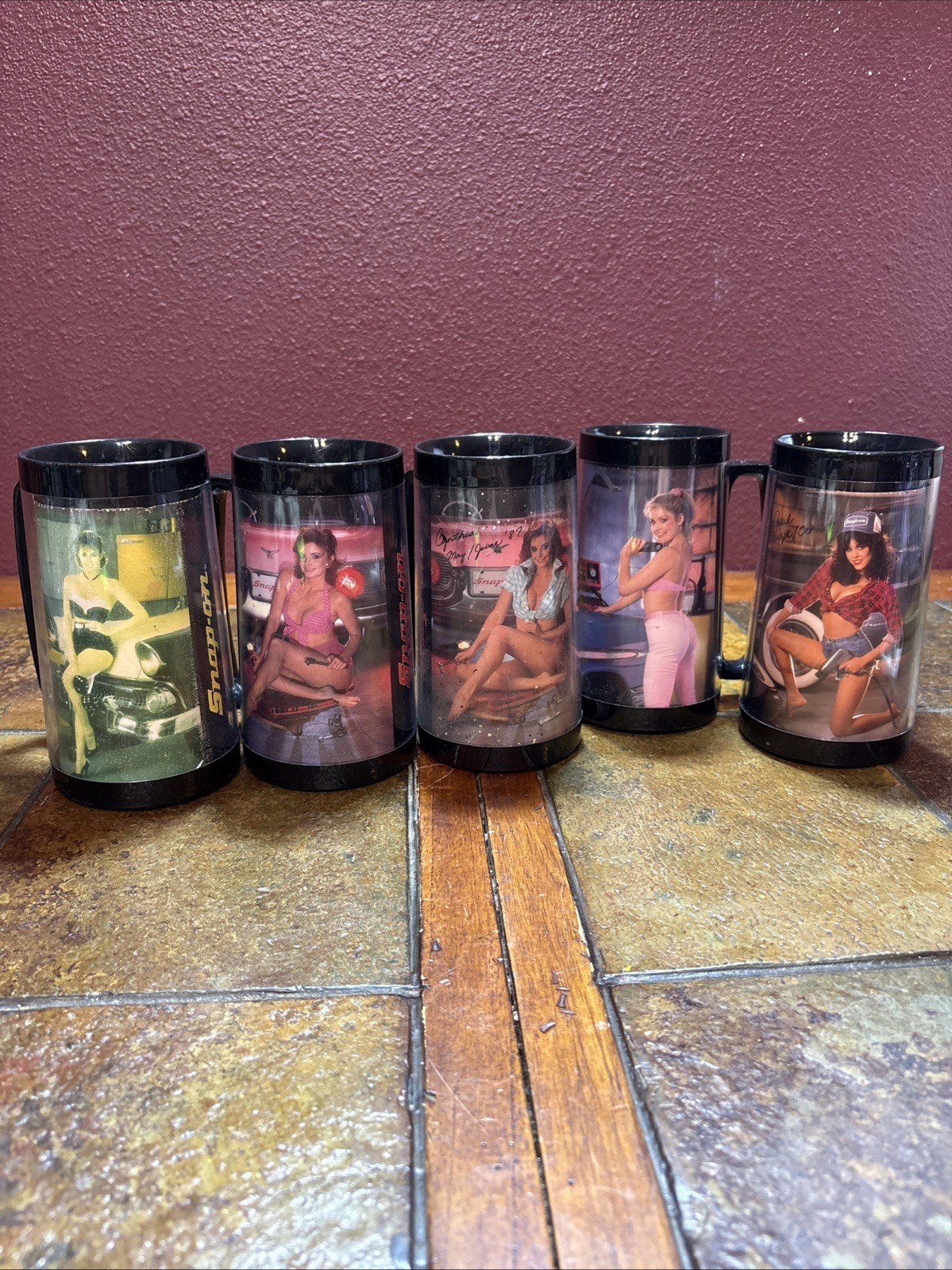 Lot of 5 Vintage Snap On Tool Mate Mugs 1987 Pin-Up Girls Plastic Thermo Serve