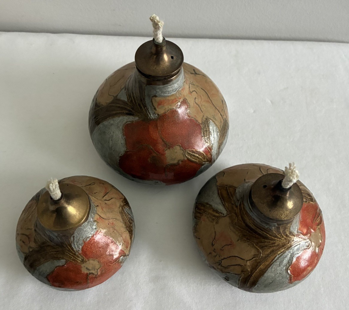 3 Cloisonné Enamel And Brass Oil Pots Vintage