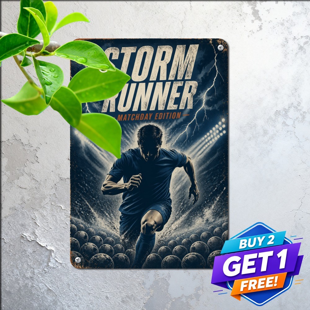 Soccer Football Striker Action Sign Rustic Sports Lounge Tin Metal Wall Decor