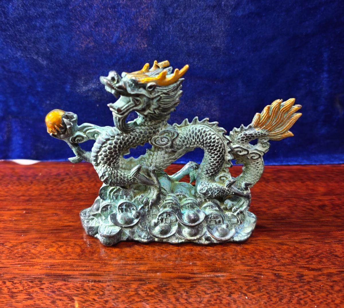 Vintage Chinese Dragon Sculpture, Pearl Coin Base Feng Shui Collectible Ornament