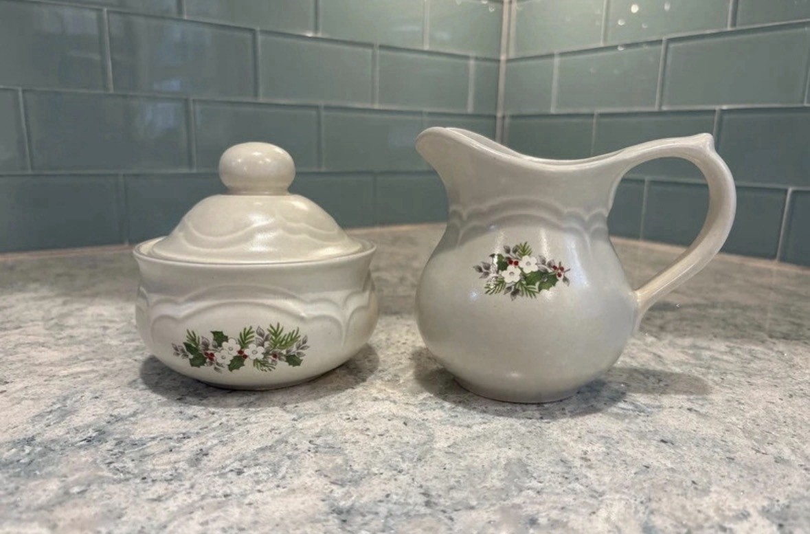 vintage Pfaltzgraff “Christmas Heirloom” creamer pitcher and covered sugar bowl