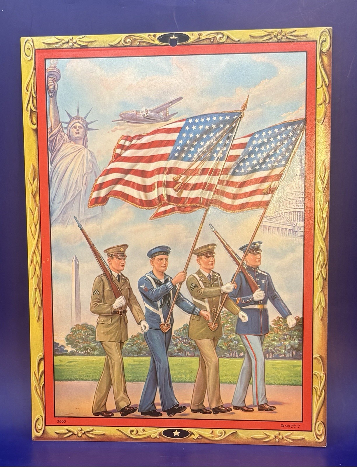 Vintage 1940 WWII US Flag Military Embossed Wall Hang Up 8x11\