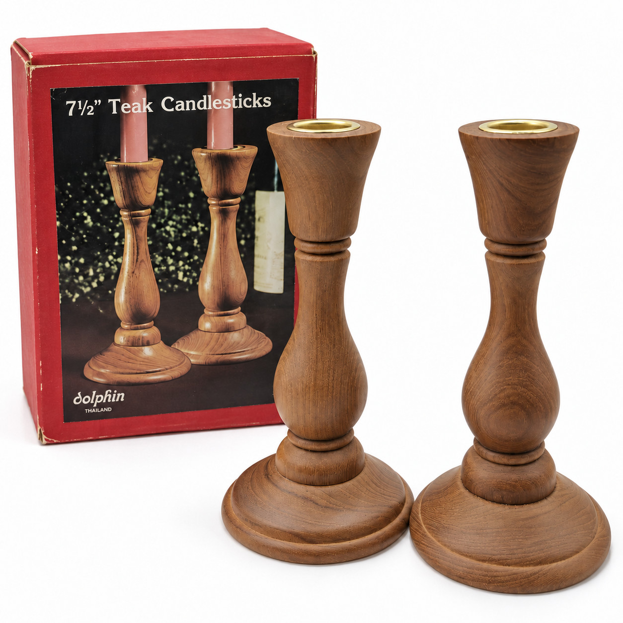 Vintage Dolphin Teak Wood Candle Holders Pair MCM Thailand Original Box
