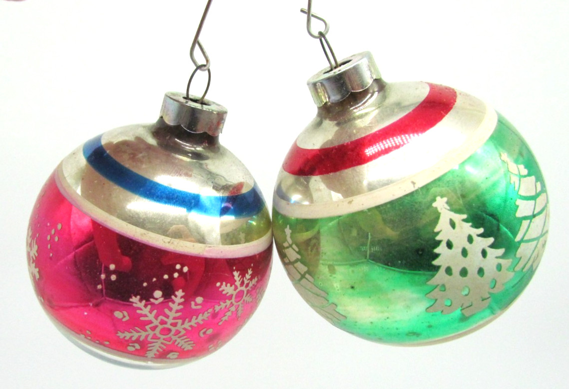 Vintage 1950s USA Glass Christmas Ornaments Pair Snowflake Tree Stencil MCM