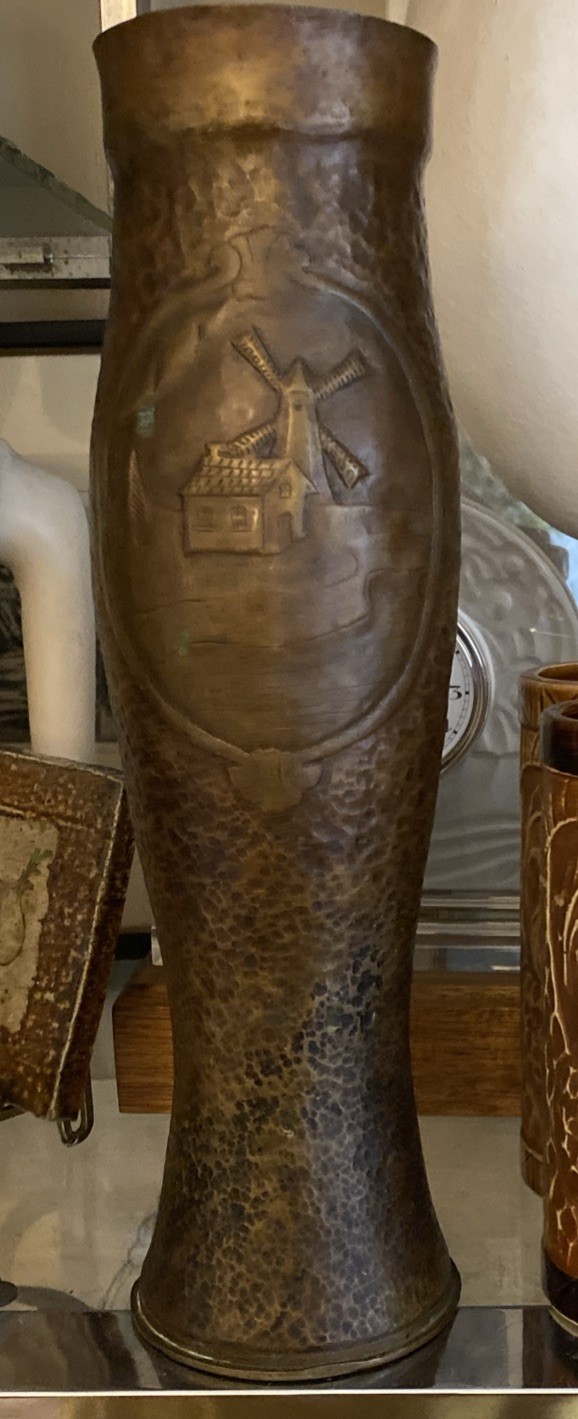 Original USA WW1 1917 Trench Art Brass Shell Vase 100 yrs Wind Mill Trophy 12” 