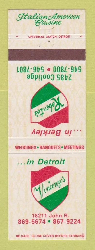 Matchbook Cover - Vincenzo's Detroit MI Roberto's Berkley Italian Restaurants