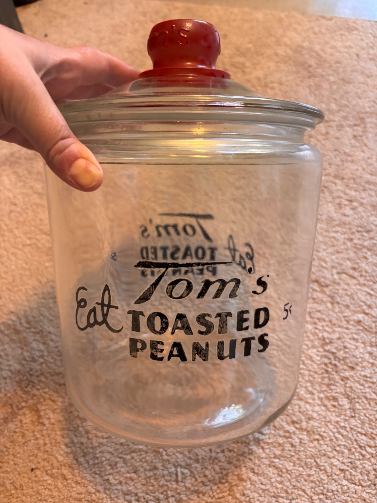 Vintage 1950s t jar glass general store jar Tom\'s roasted peanuts with lid