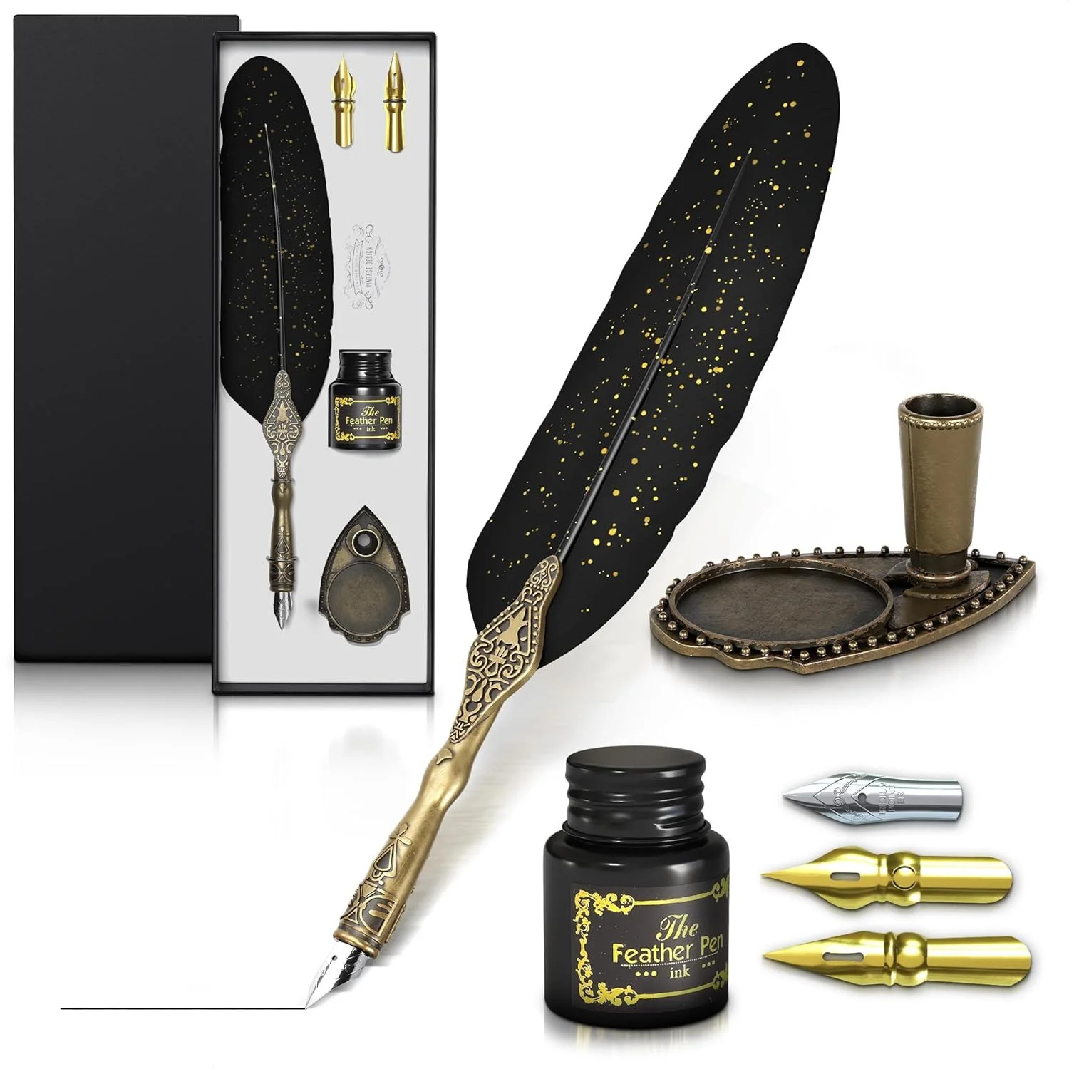 Black Feather Quill Pen and Ink Set - Feather Pen and Ink Set with Stainless Ste