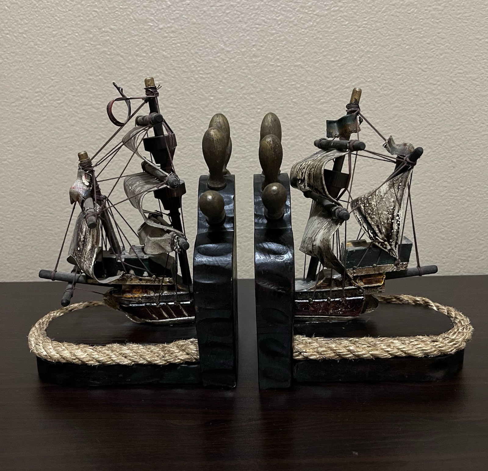 Vintage Hand Painted Wooden Sailing Ship Bookends Made In Spain *Rare*