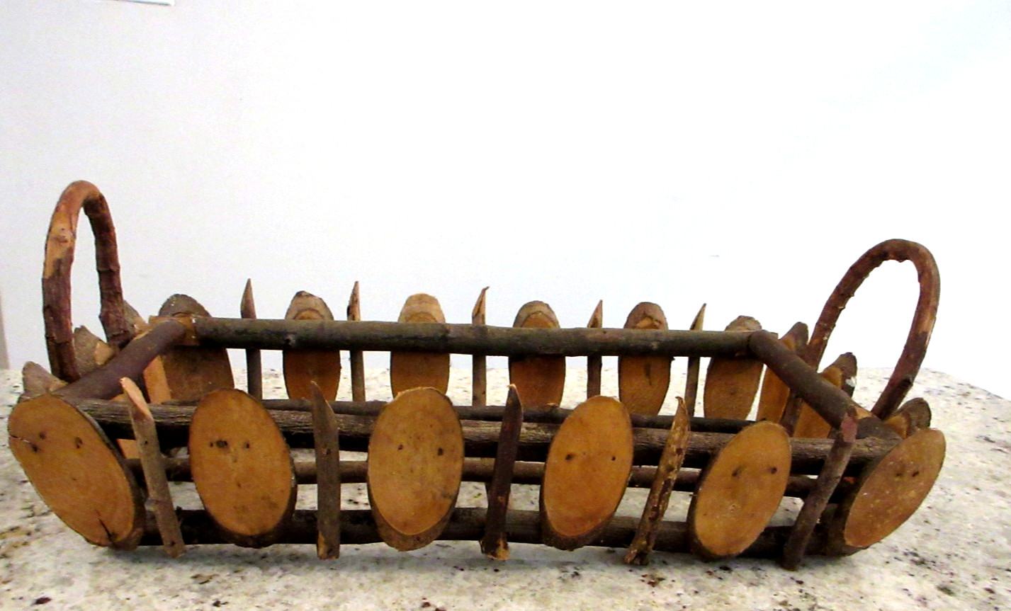 Vintage  ADIRONDACK LOG SLICE BASKET Rustic Twigs Bushel Primitive 16