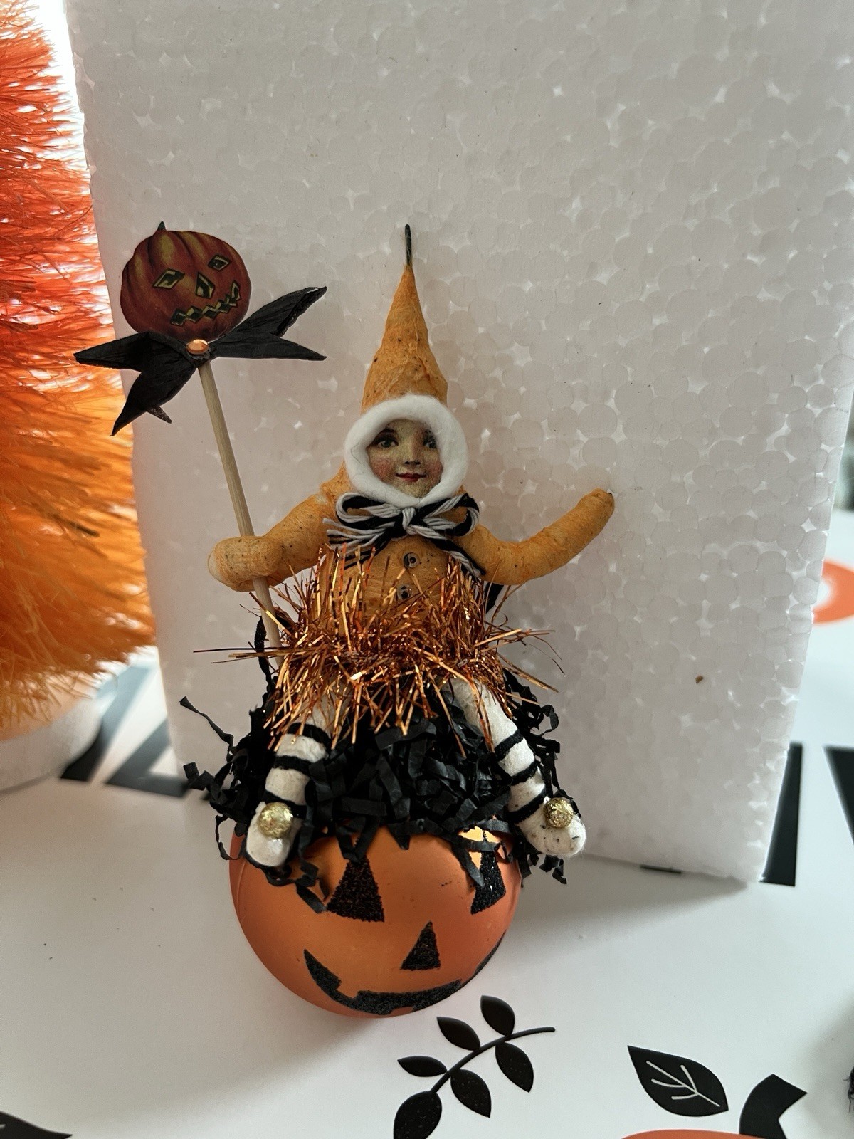 Vintage By Crystal Halloween Spun Cotton Girl On Jack O Lantern Pumpkin Ornament