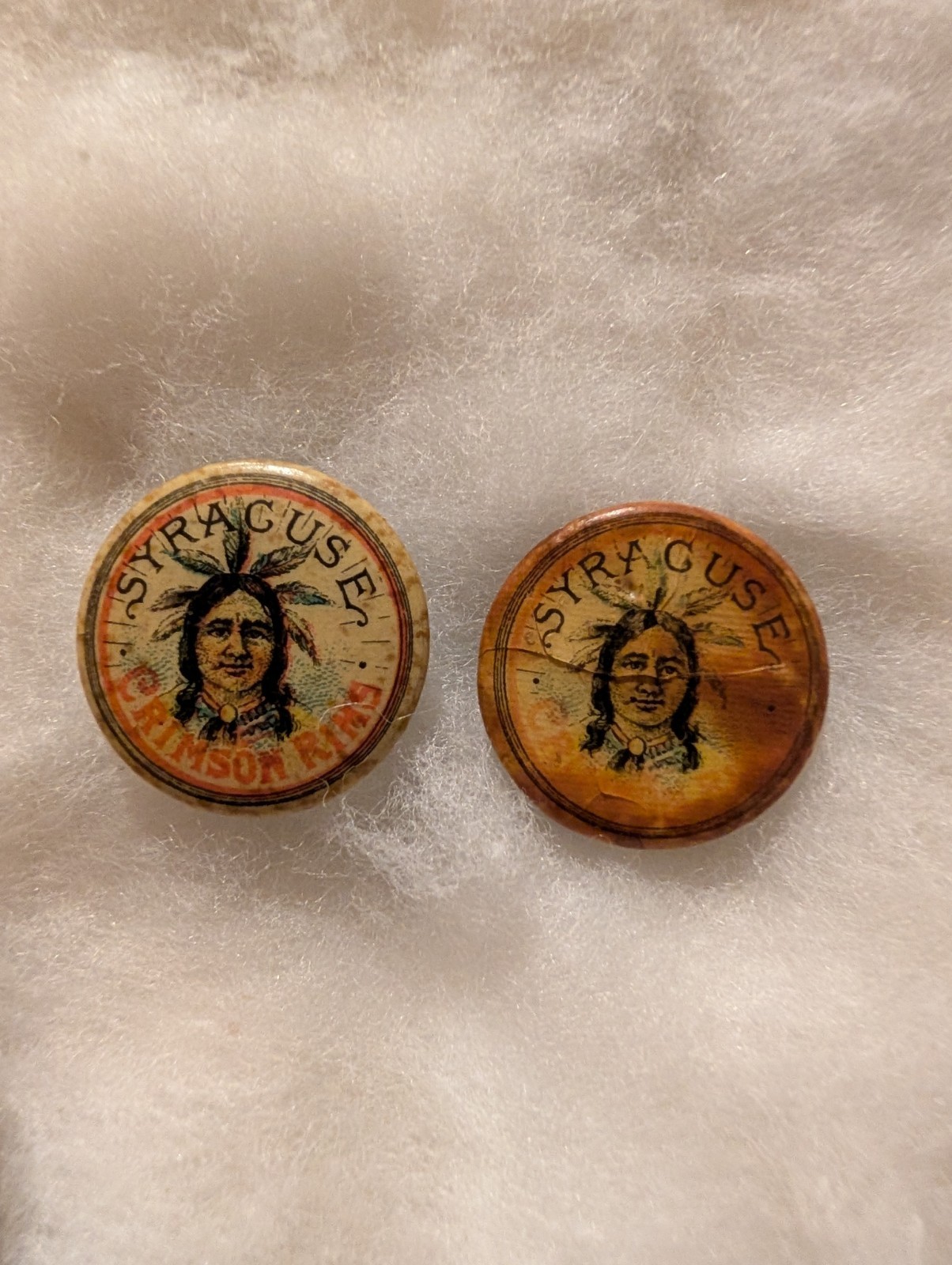 2 1890s Syracuse Crimson Rims bicycle celluloid lapel Pinback Buttons