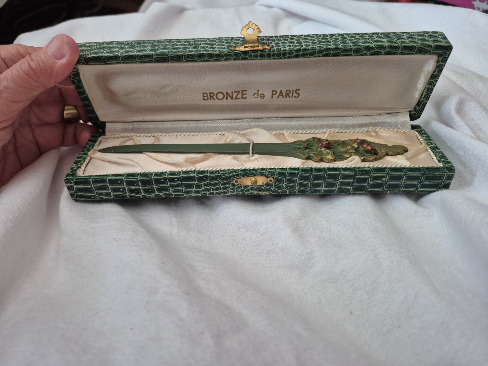 FRENCH ANTIQUE BRONZE ORNATE LETTER OPENER  IN PRESENTATION BOX SIGNED RISCHMANN