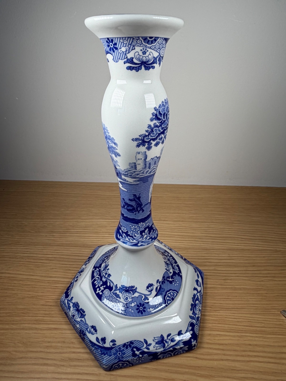 Vintage Spode Blue Italian Candlestick 9” Hexagonal Base Made in England 2003