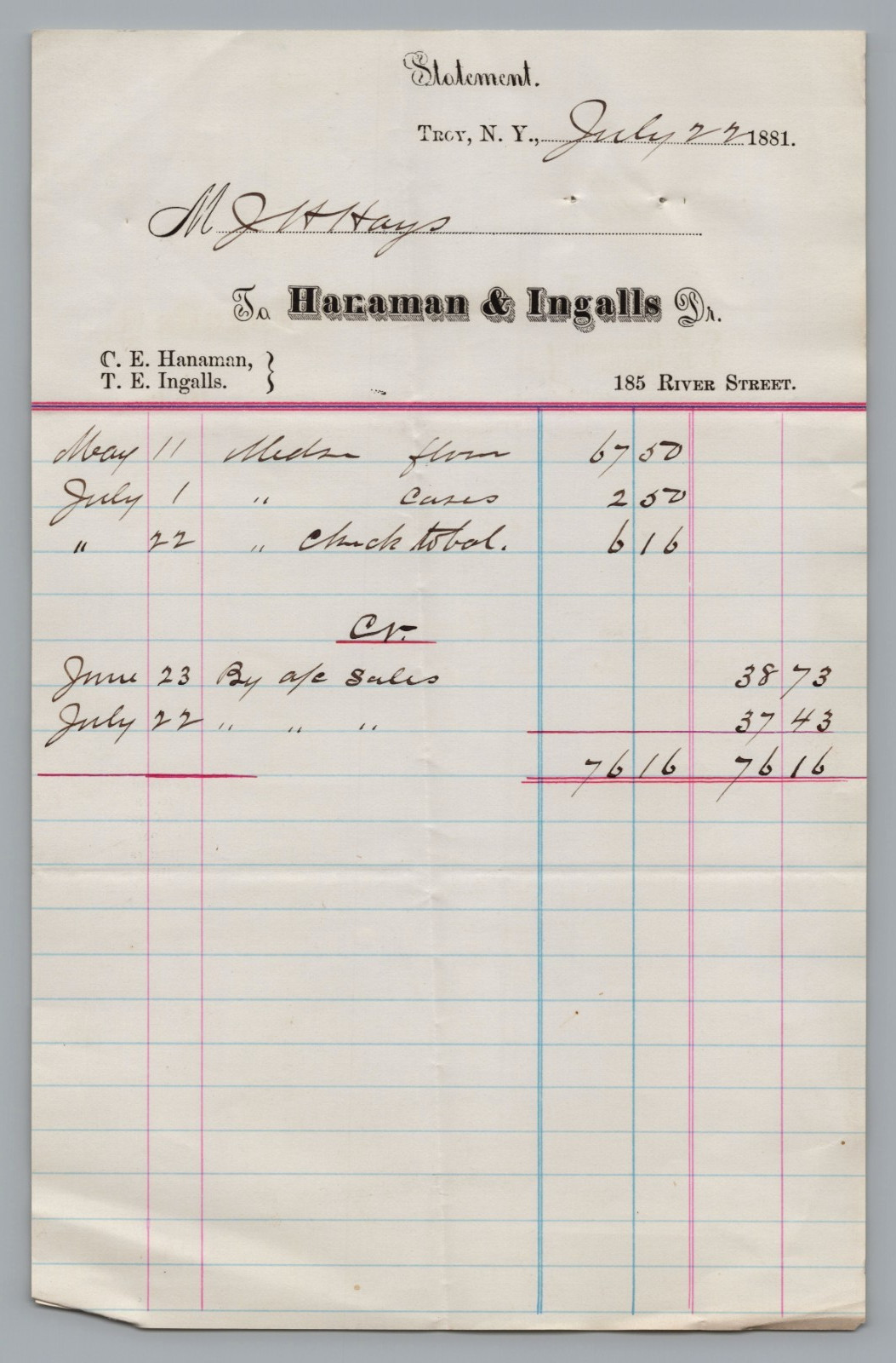 1881 Hanaman & Ingalls Troy NY Flour Produce Billhead Receipt Ephemera Document