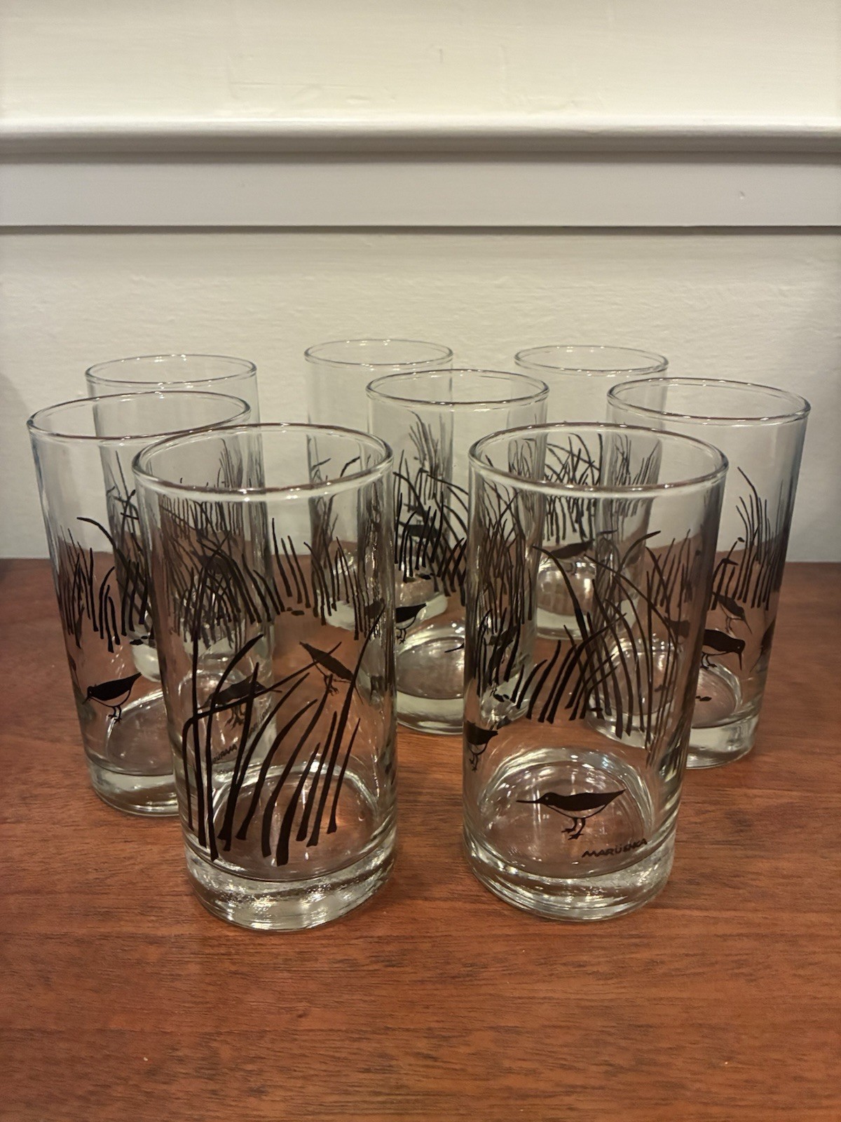 Vintage Marushka Glass Tumblers Sandpiper & Reeds 10 Oz Set Of 8 Excellent