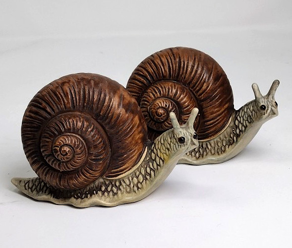 Two Vintage UCTCI 1960s Japan Snail Ceramic Figurines Nature Pottery Art Decor