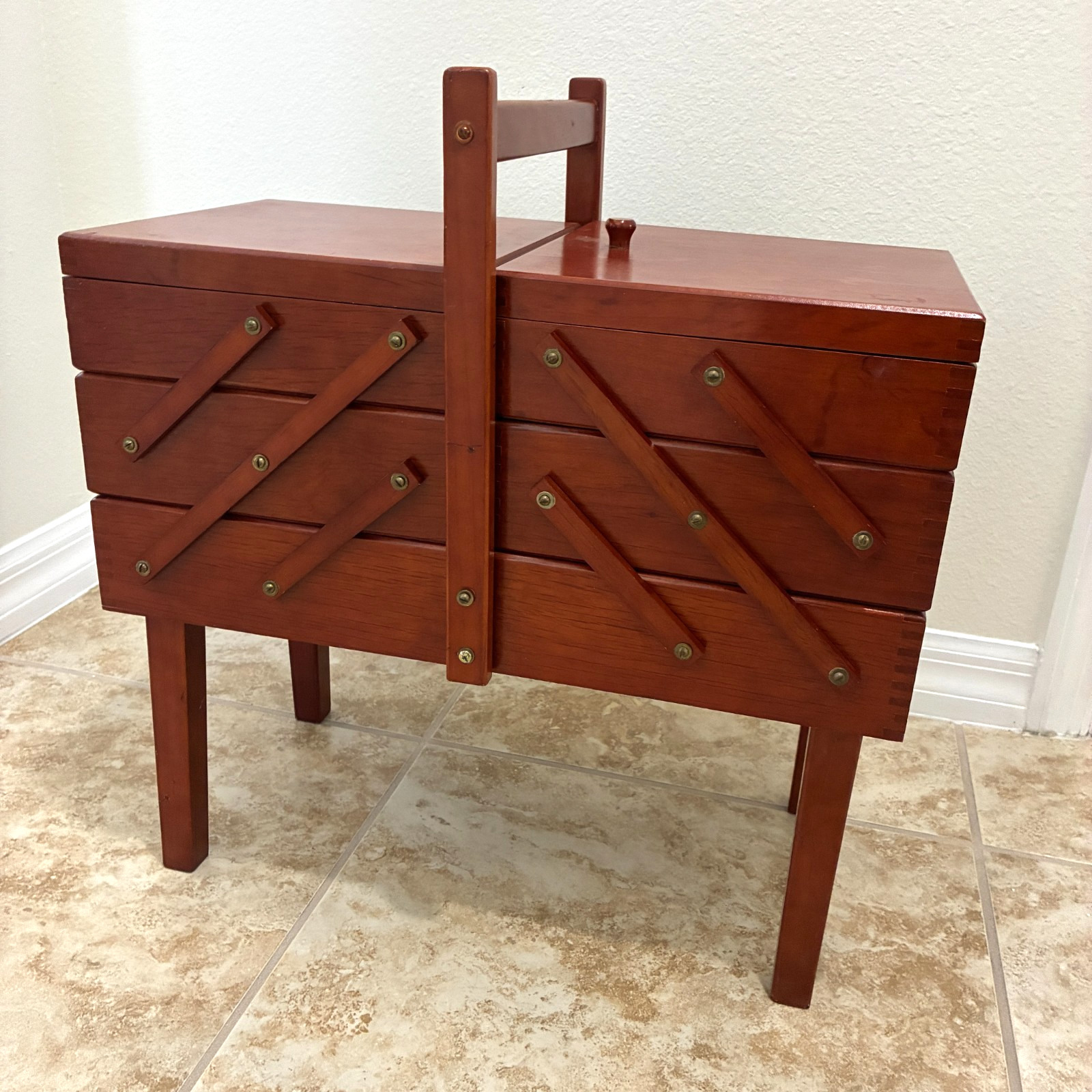 VTG Strommen Bruk Hamar Norway MCM Wood Accordion Sewing Cabinet Box Cherry