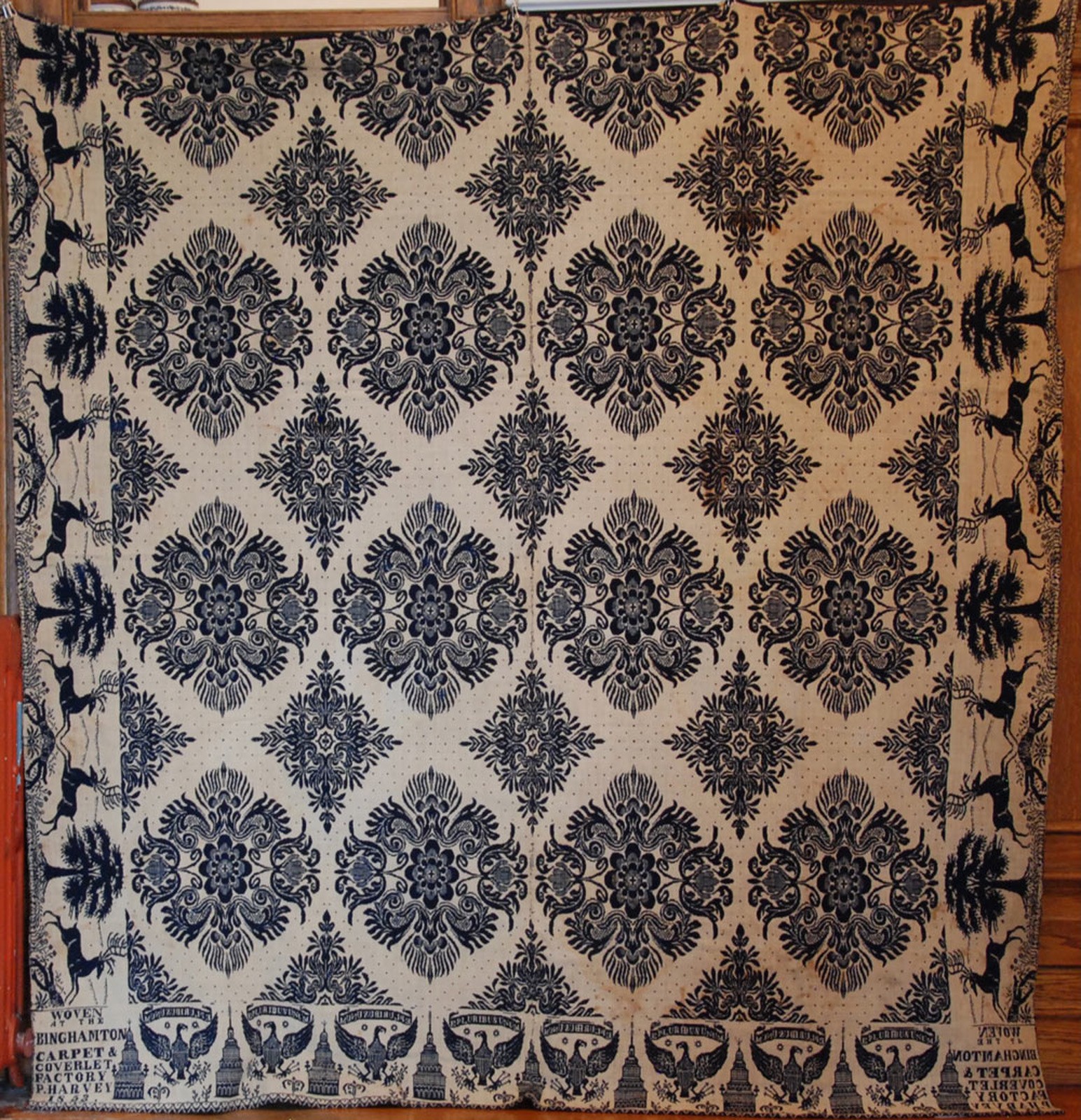 2 P.HARVEY 1853 ANTIQUE NY JACQUARD COVERLETS~EAGLES ~ BINGHAMTON CARPET FACTORY