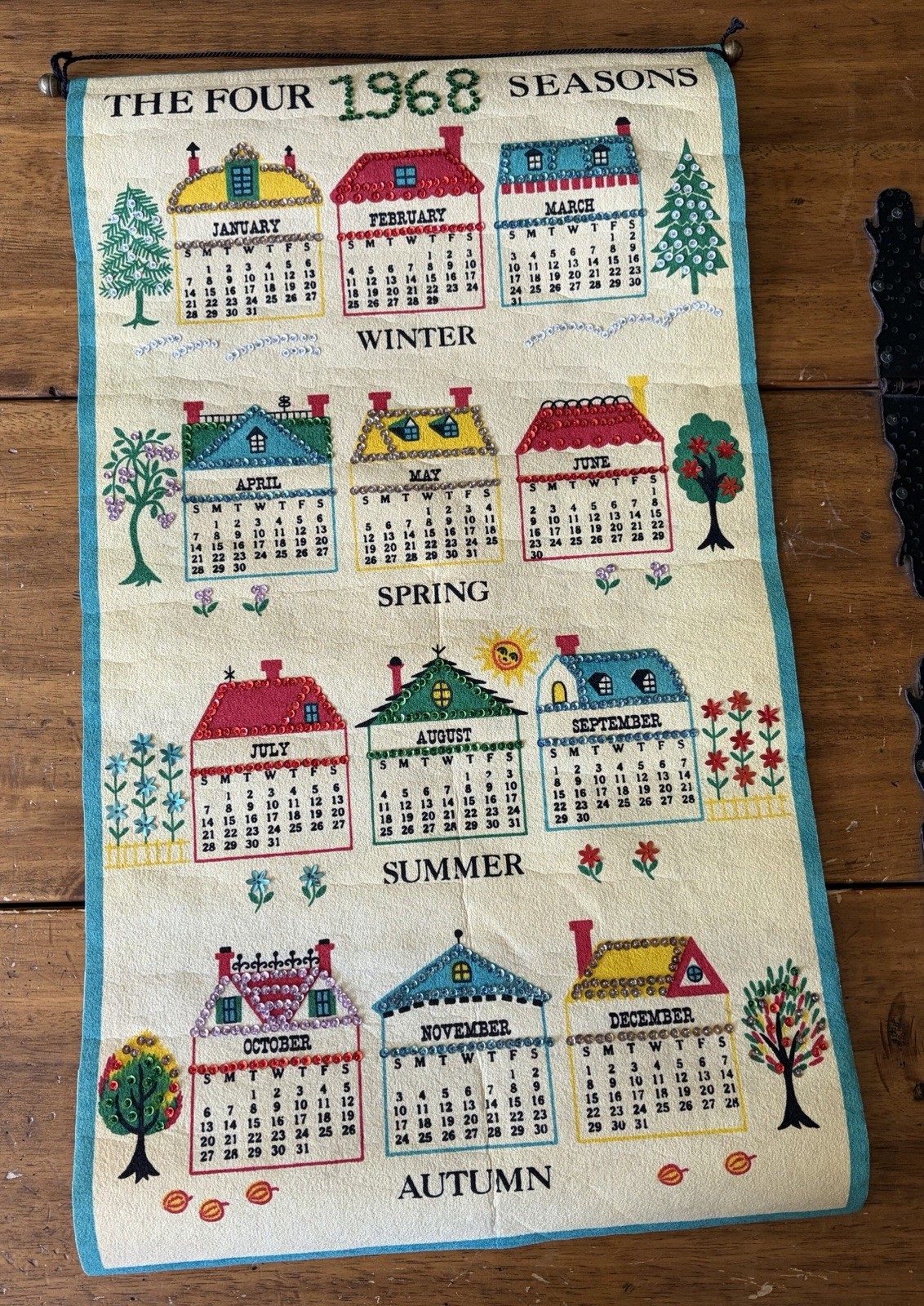Vintage 1968 Sequin Calendar Four Seasons Felt Wall Hanging Decoration Scroll