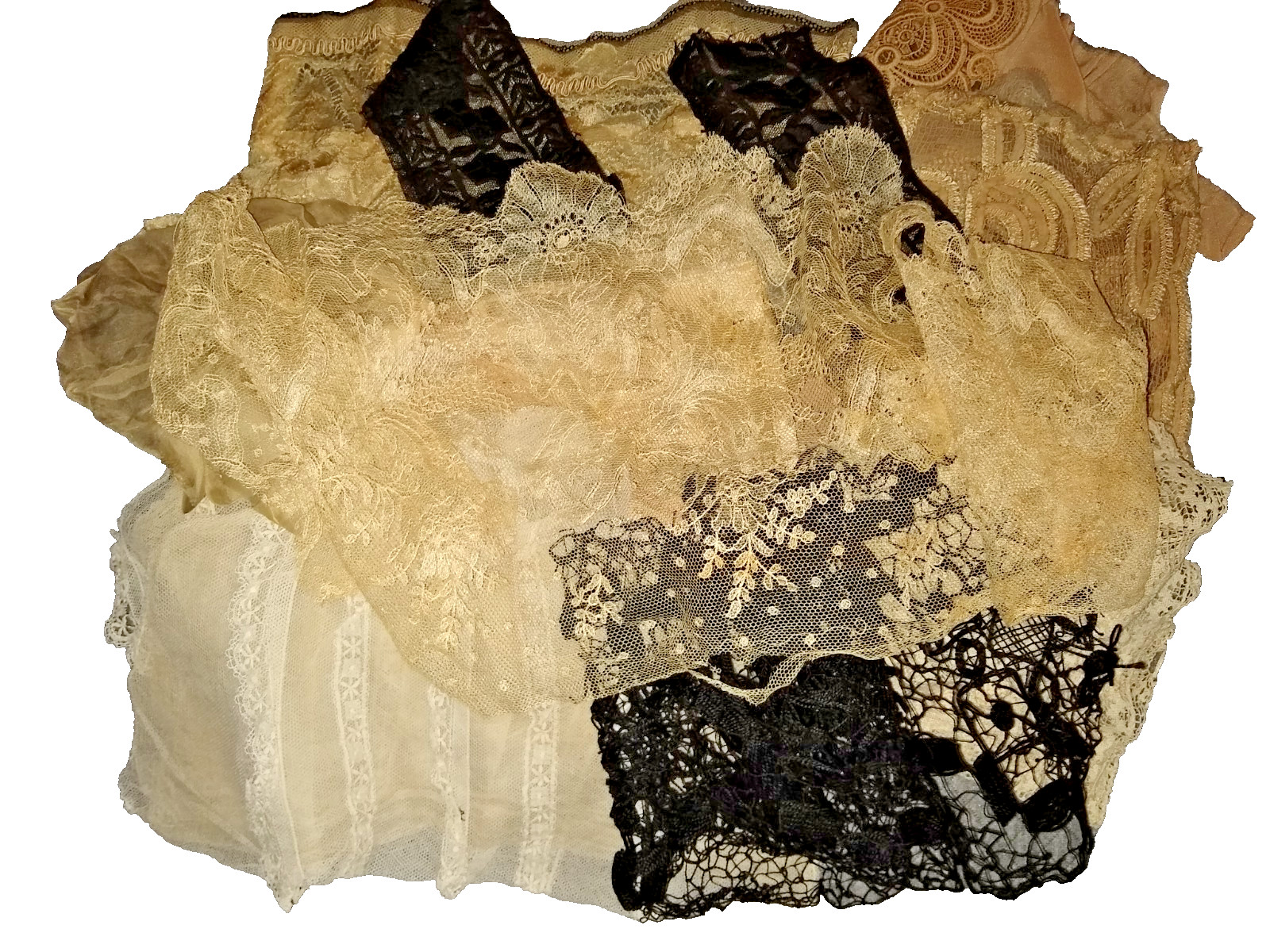 ANTIQUE LACE LOT~DRESS PARTS~SILK~HAND MADE~15 PCS~COSTUME~REPURPOSE~AS IS