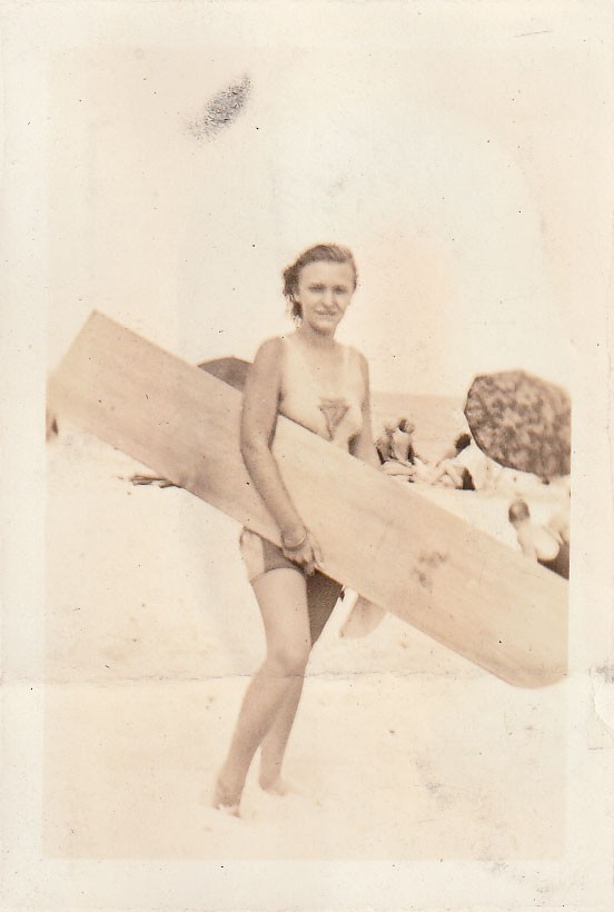 Vintage Photo Homemade Wooden Surfboard Pretty Woman Beach New Jersey USA