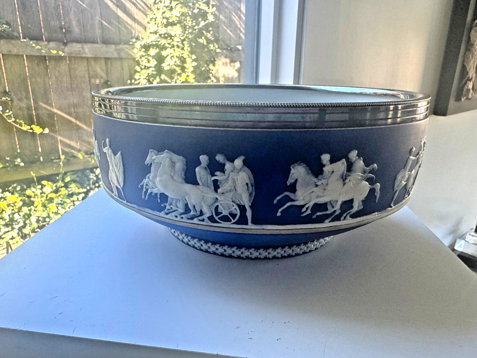 Vintage Antique Dark Blue Large Jasperware Bowl With Silver Plated Rim 1899 BP C