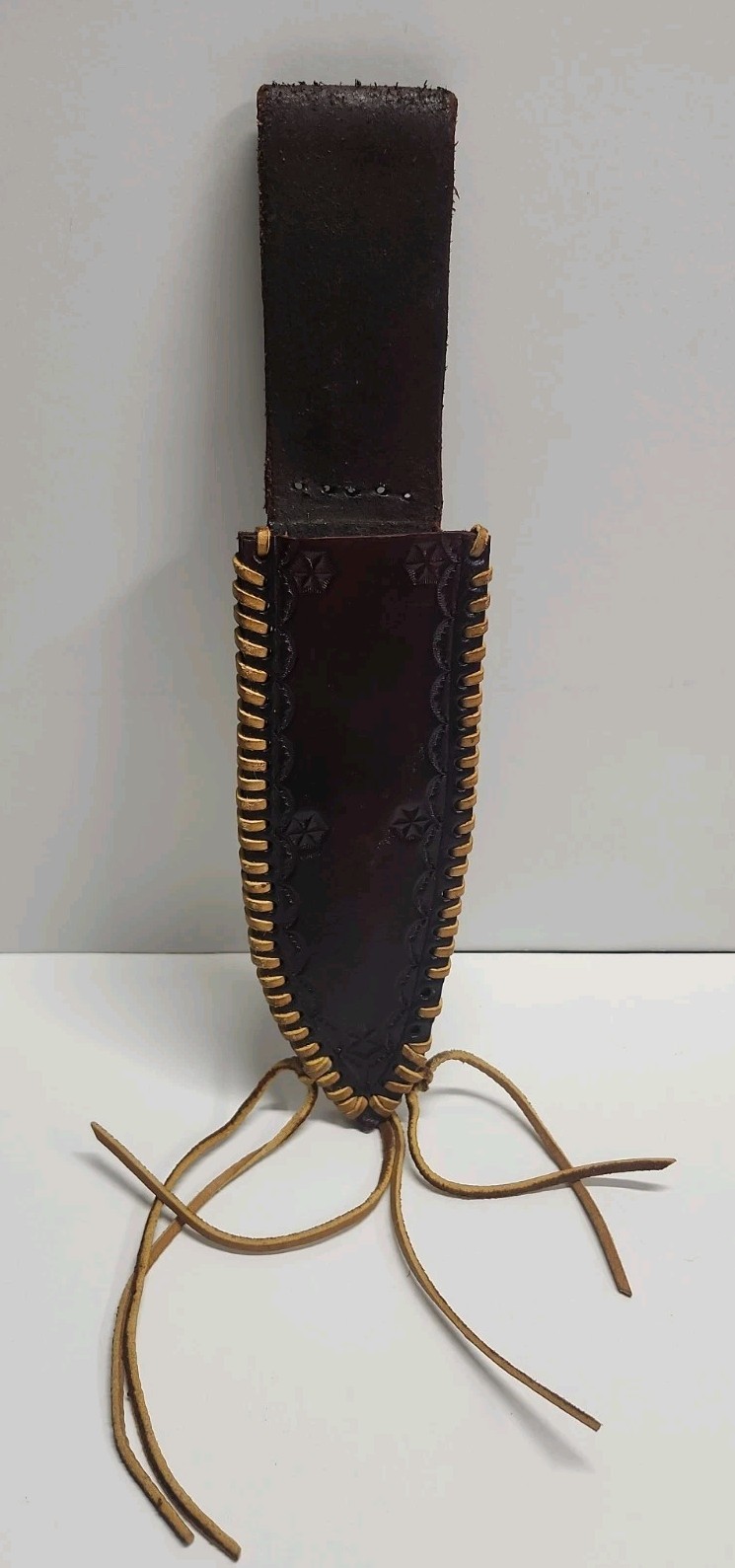 Vintage Handcrafted Tooled Leather Knife Sheath Stamped Star Whipstitch Lacing