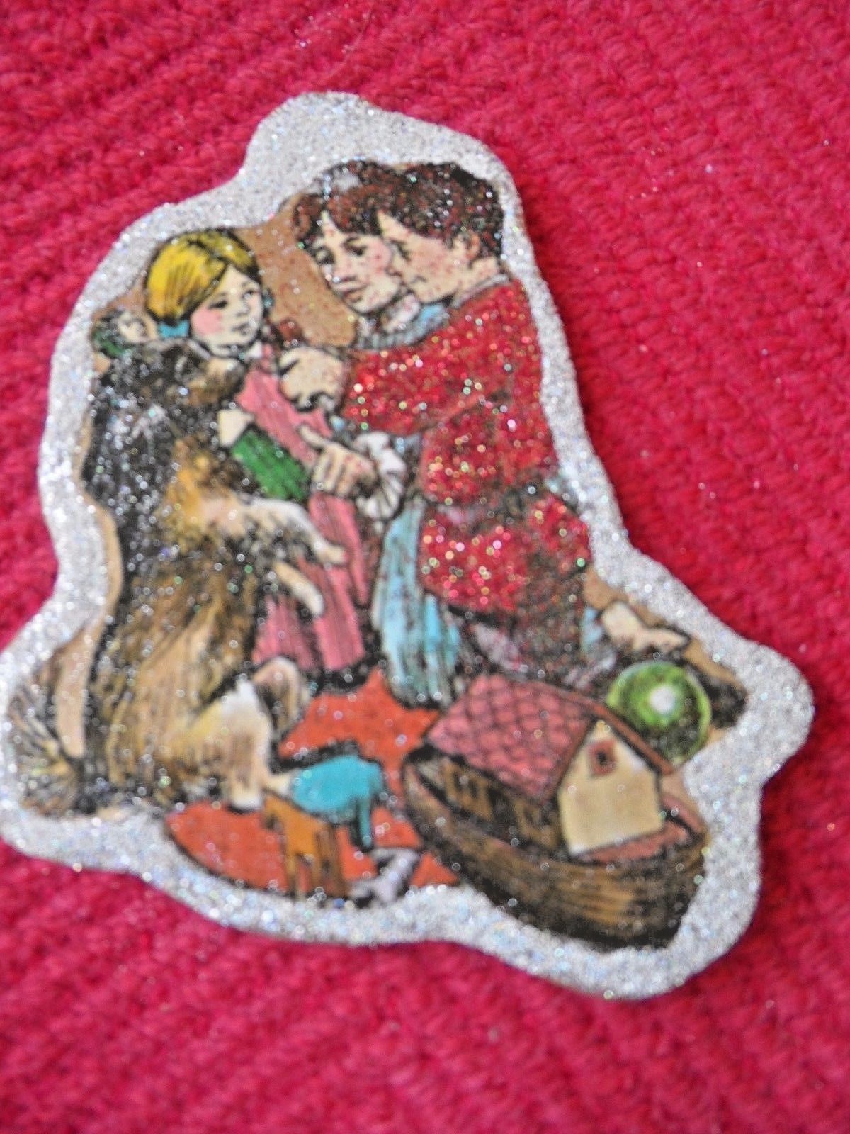 Vtg Victorian Img Glittered CHRISTMAS Ornament- CHILDREN PLAYING - Reversible