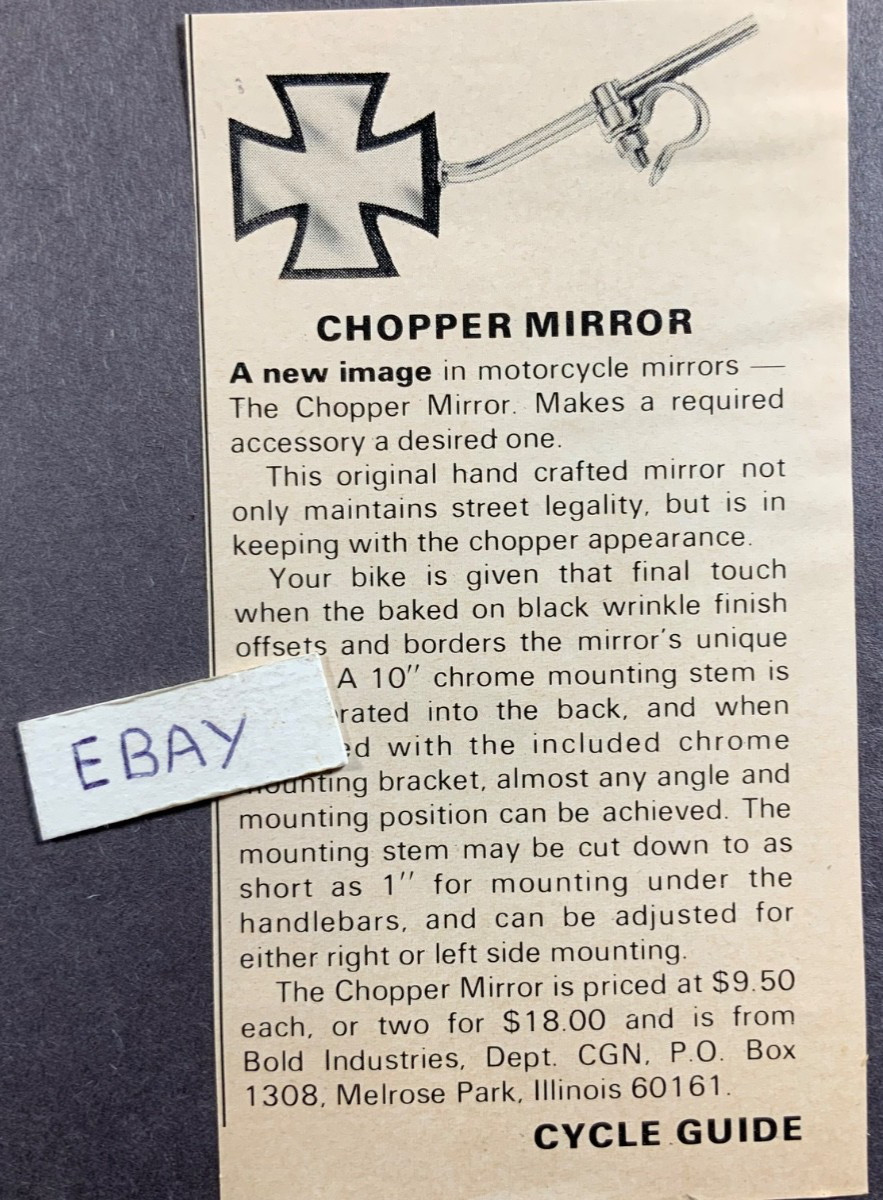 1971 Ad. Chopper Mirror. Bold Industries. Melrose Park, ILLinios