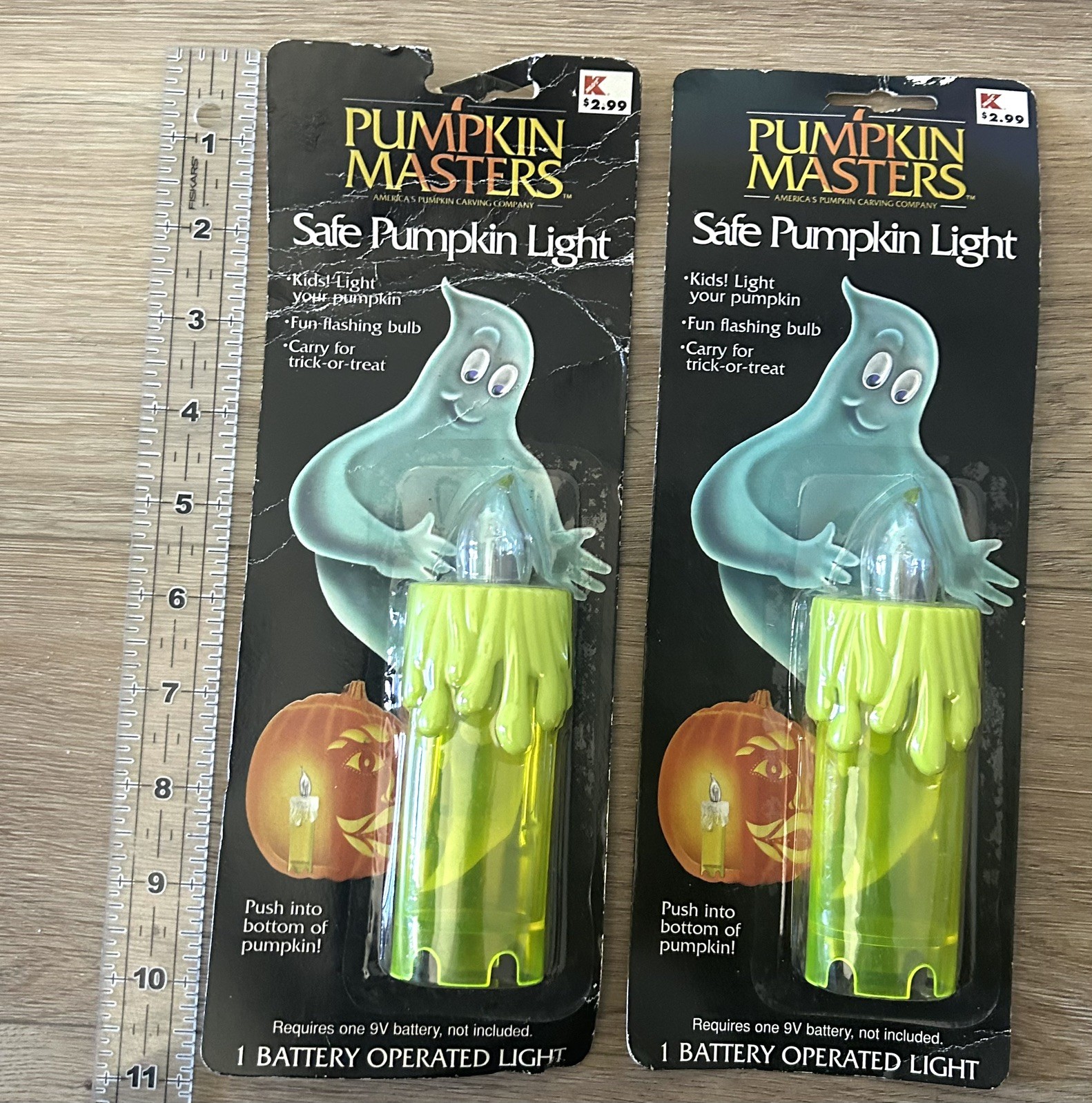 2 VTG 1999 Pumpkin Masters Safe Flashing Battery Candle JOL Light Kmart Tag NEW