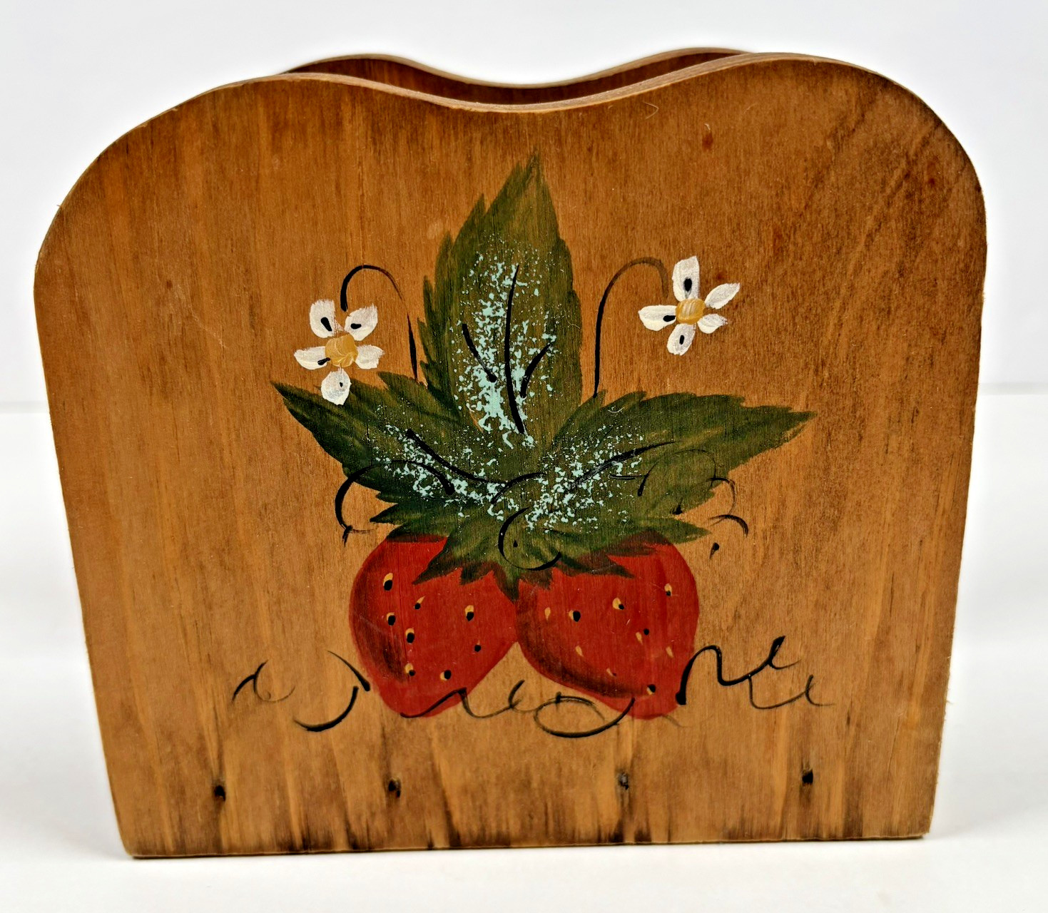 Vtg Hand Painted Wooden Napkin Mail Holder Strawberry Retro Kitchen Cottagecore