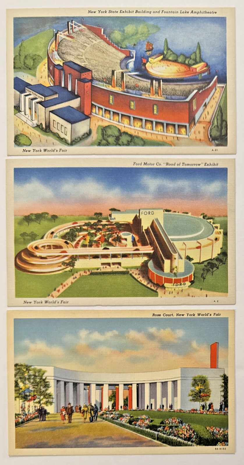 New York World's Fair 1939-40 Ford Motor Co, Fountain Lake, Etc Vtg Postcards x3