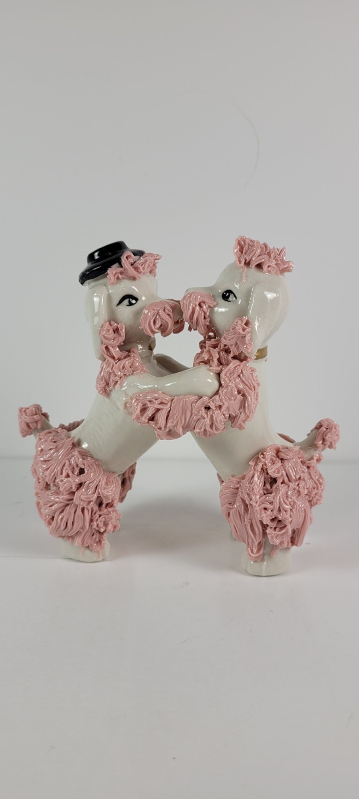 Vintage 1950s Handmade Spaghetti Poodle Pair Dancing Figurine w/Pink Flower Trim