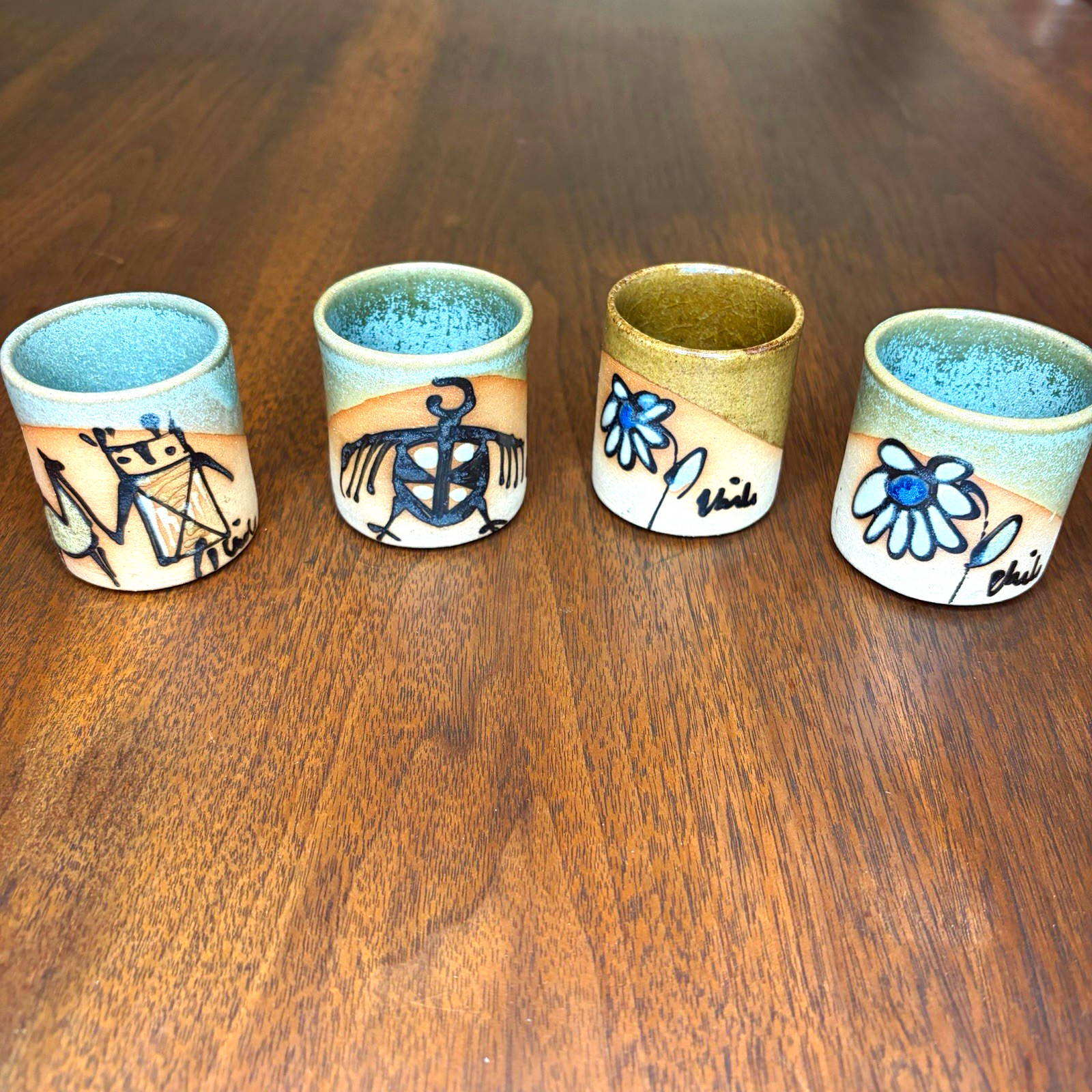 4 Vtg Carlota J Ceramic Gres Shot Glasses Folk Art Bird/ Llama/ Flower Tea Cup