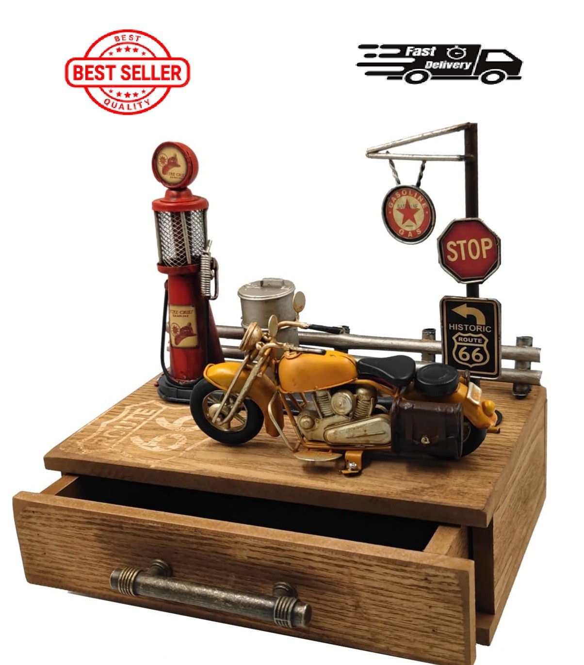 Vintage Route 66 Gas Station Motorcycle Model Ring Jewelry Trinket Box Cabinet Vintage Route 66 Gas Station Motorcycle Model Ring Jewelry Trinket Box Cabinet