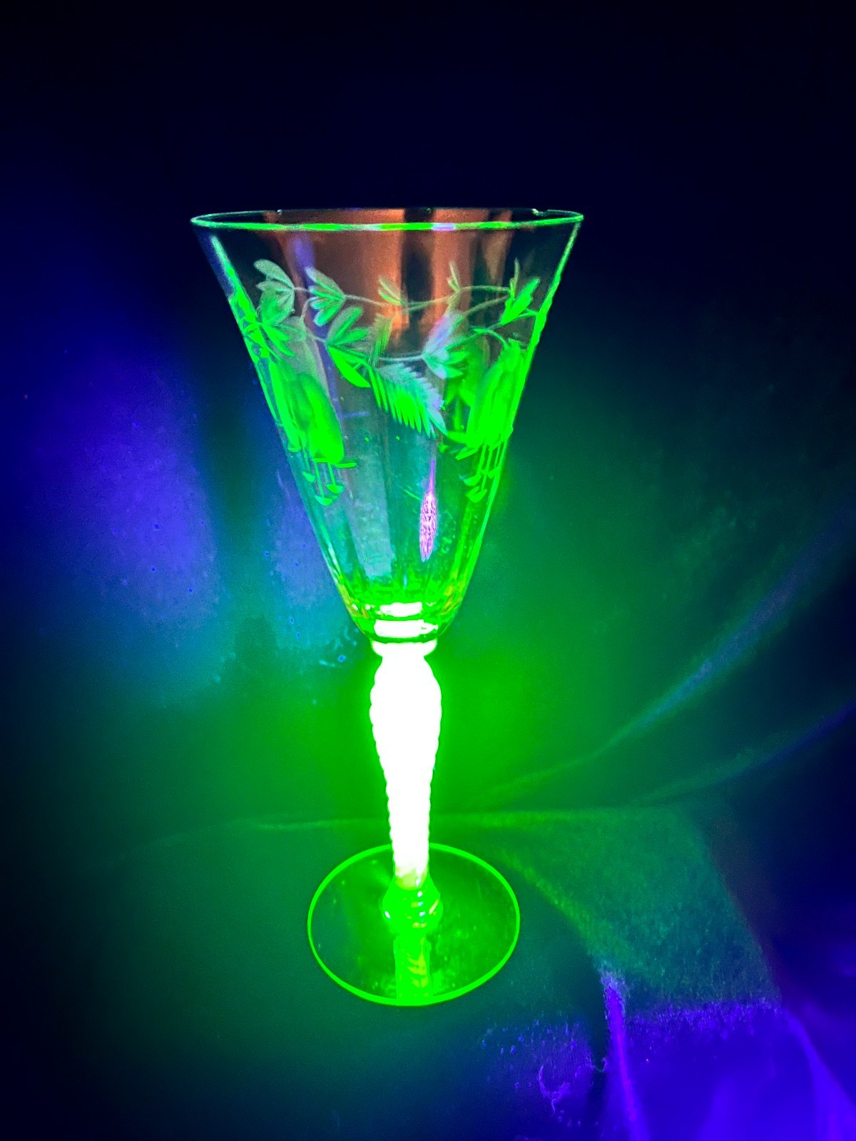 Spectacular Vintage Uranium Glass Goblet Wheat Etched Twist Stem UV Reactive