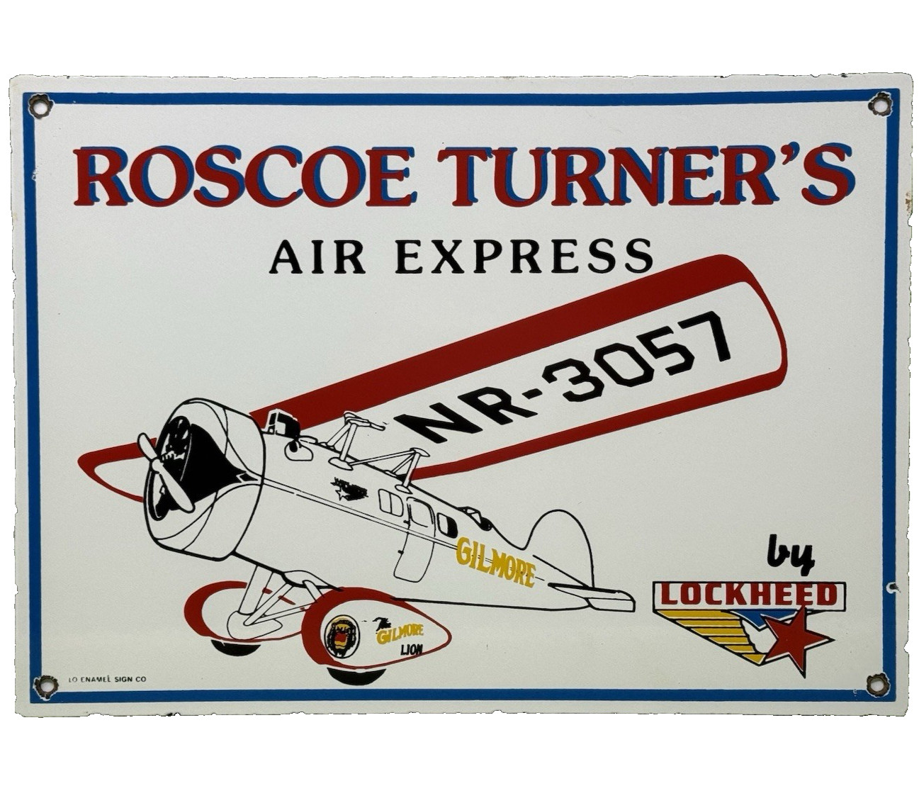 VINTAGE ROSCOE TURNER'S AIR EXPRESS PORCELAIN SIGN LOCKEED AVIATION GILMORE LION