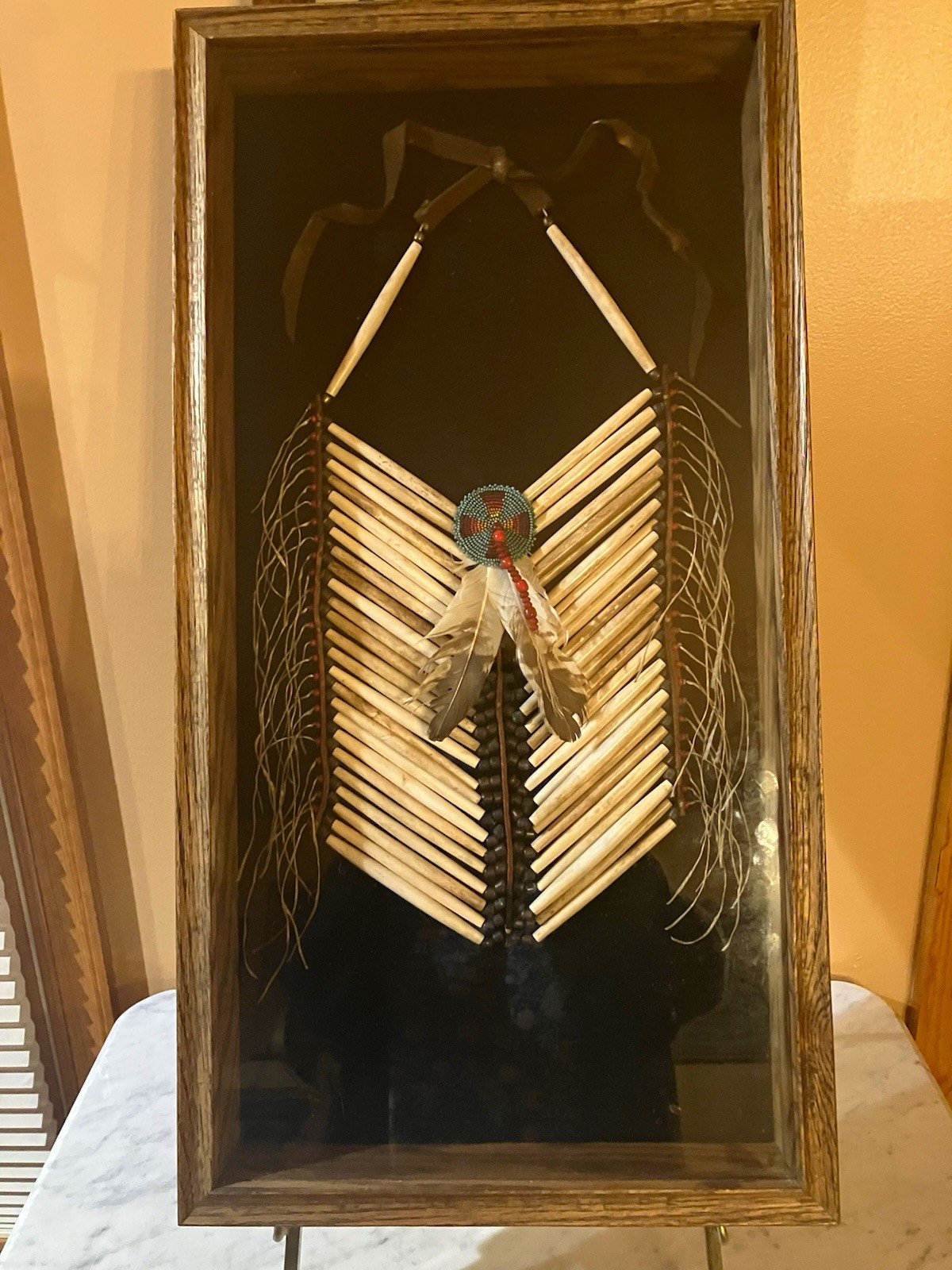 Native American Beadwork Bone Breastplate w/ Beaded Medallion Shadow Box 24