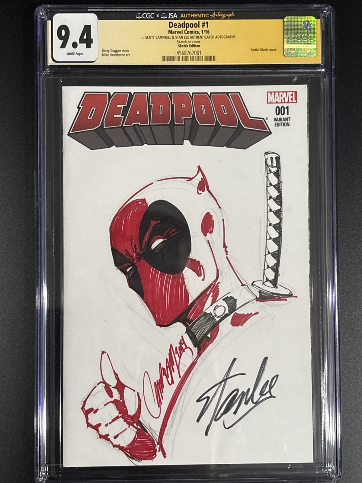 Deadpool 1 Original Sketch Art J Scott Campbell & Signed Stan Lee CGC
