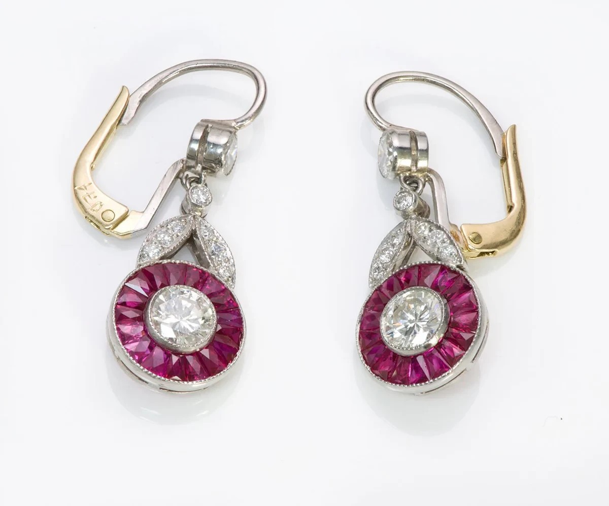 Art Deco Vintage Lab Created Diamond Ruby Halo 14K White Gold Plated Earrings
