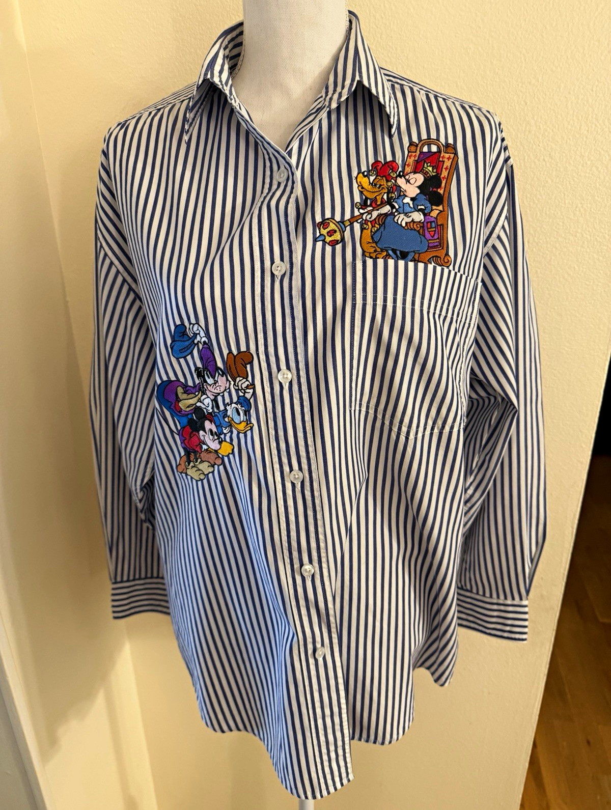 Vintage Cotton Disney Striped Button-Front Shirt, Hong Kong Embroidered Large