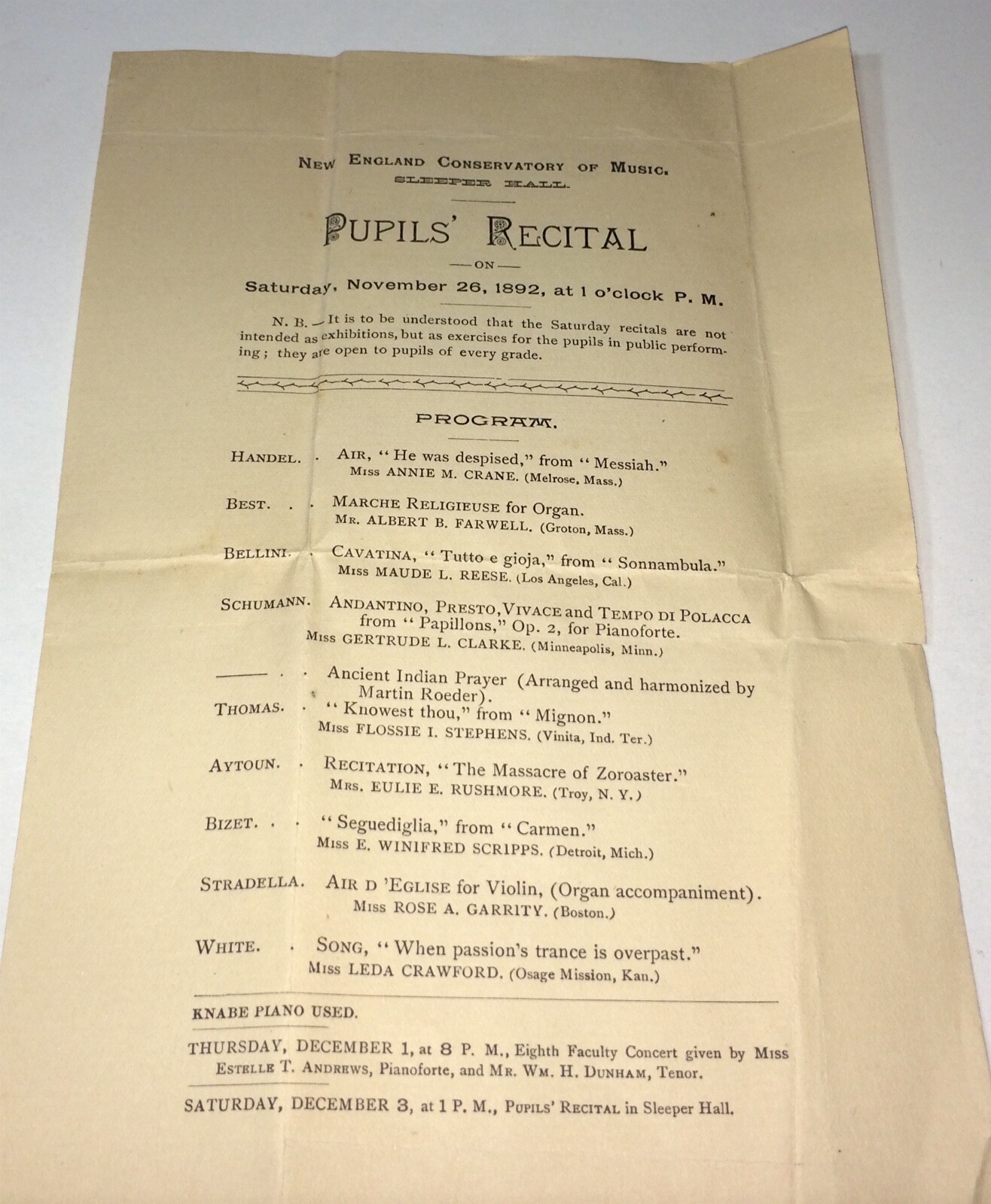Rare Antique Victorian American New England Conservatory of Music Program C.1892