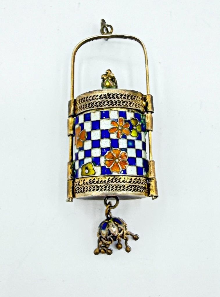Antique Chinese Silver & Enamel Perfume Vinaigrette w/ Hidden Opium Compartment