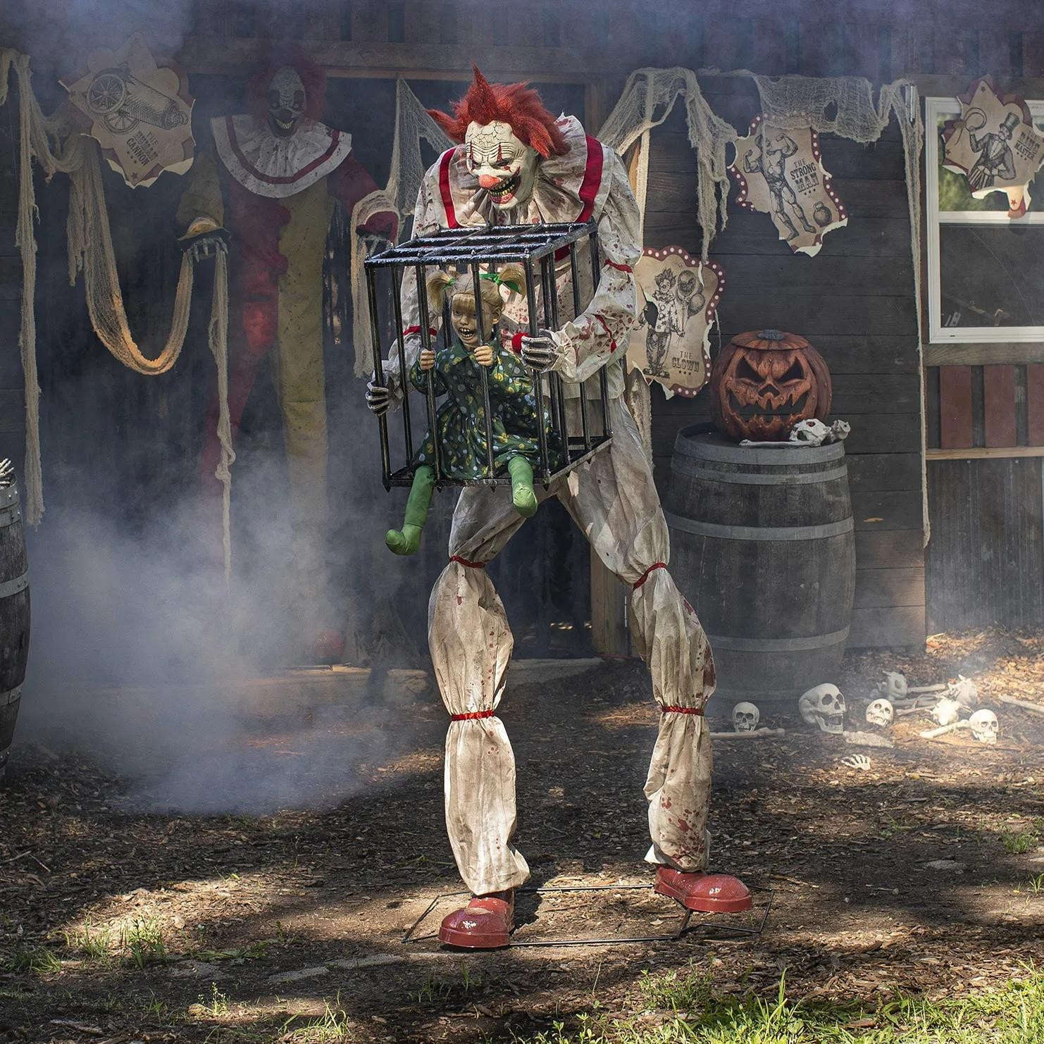 7 Ft Animated Light-Up Talking Cagey Clown with Caged Kid Halloween Prop