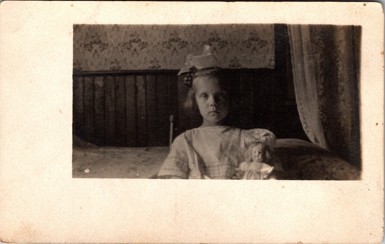 Postcard Real Photo RPPC Little Girl Sitting in Chair with Doll