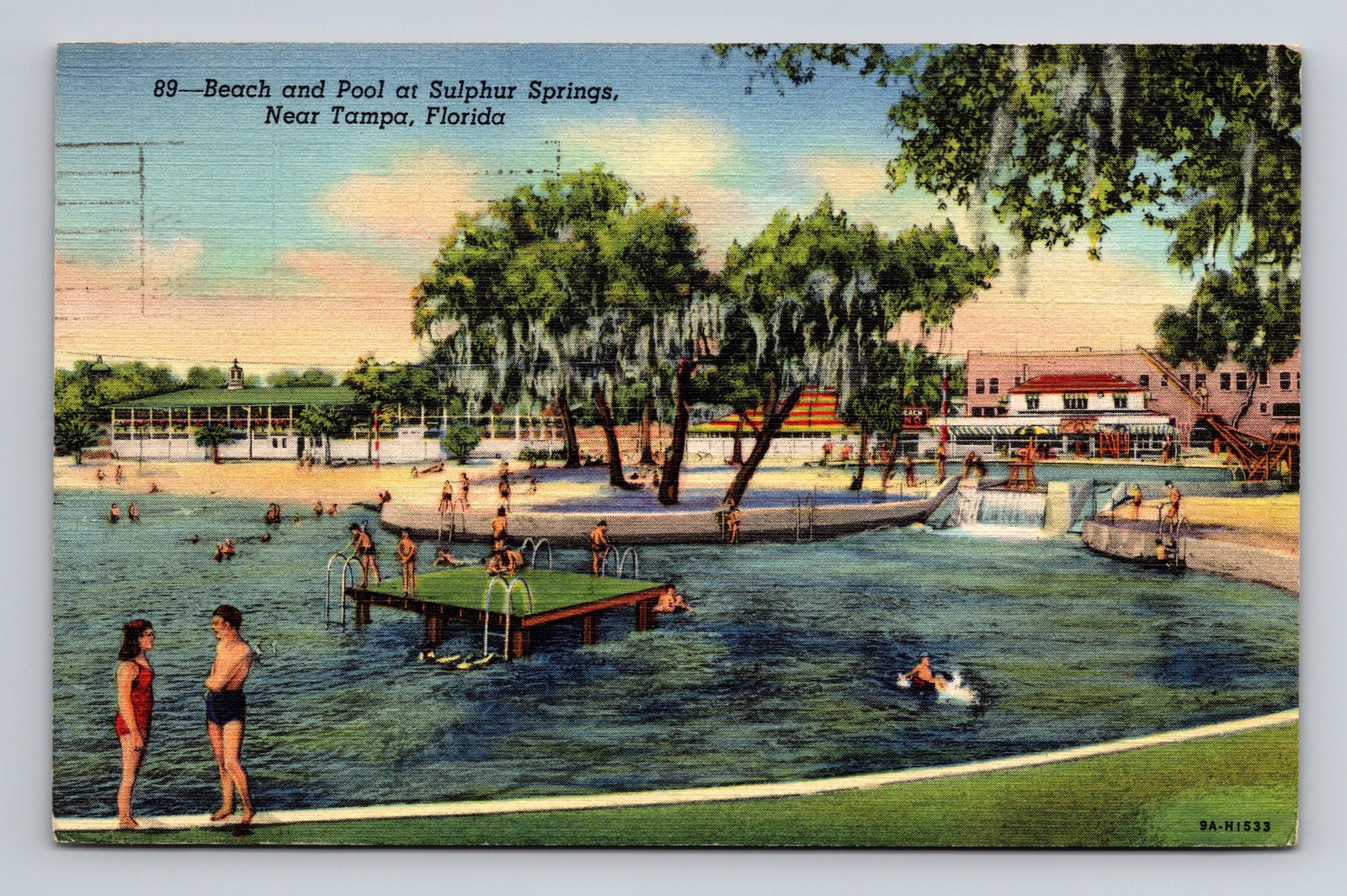 c1941 Linen Postcard Tampa FL Sulphur Springs Beach and Pool