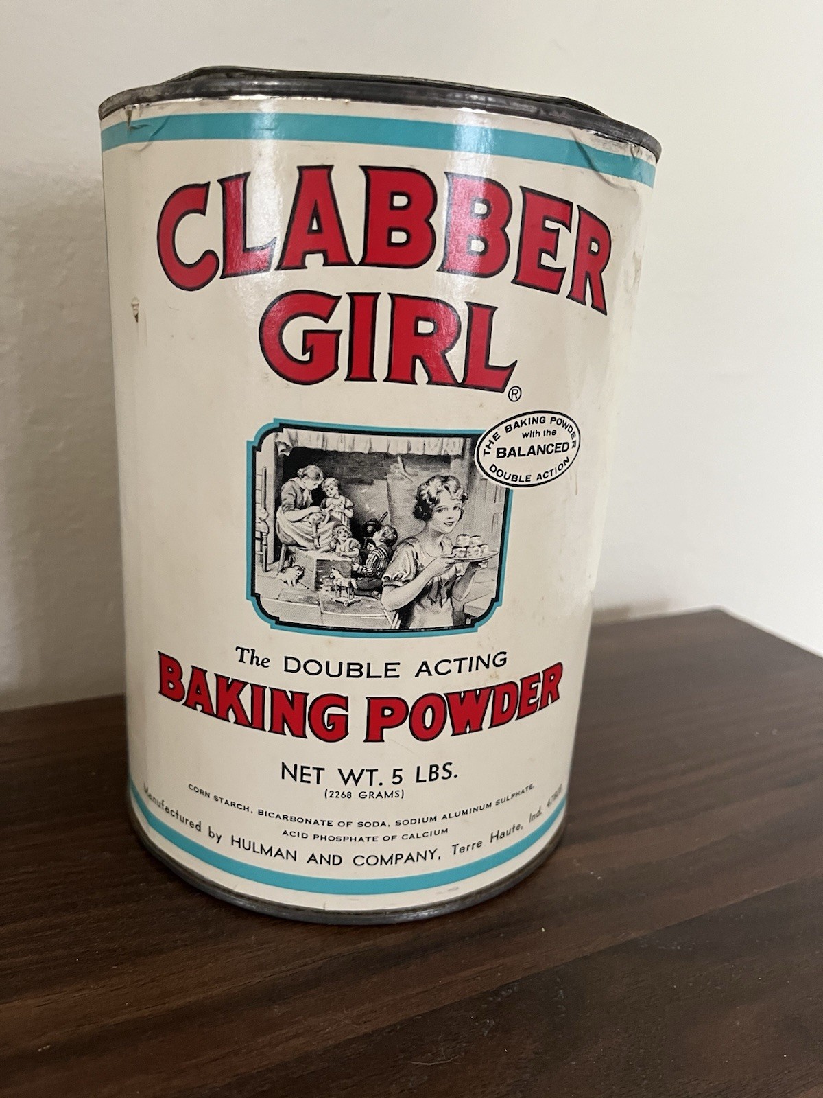 Vintage Clabber Girl Baking Powder large 5-pound advertising tin.